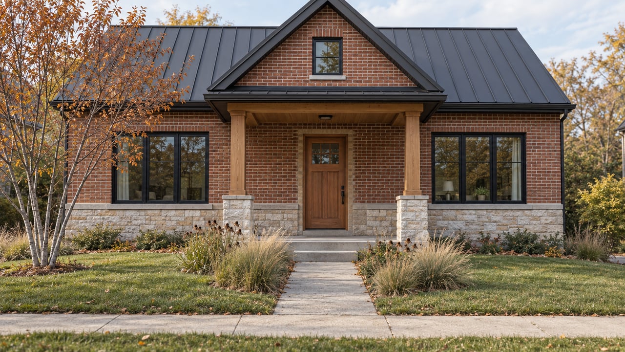 Warm red brick house with a covered porch, charcoal gable roof, and garden crossed by a concrete path.
