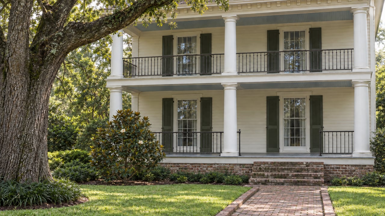 An ivory double-gallery home with olive shutters and white columns, with an open railing passage at the top of its brick front steps.