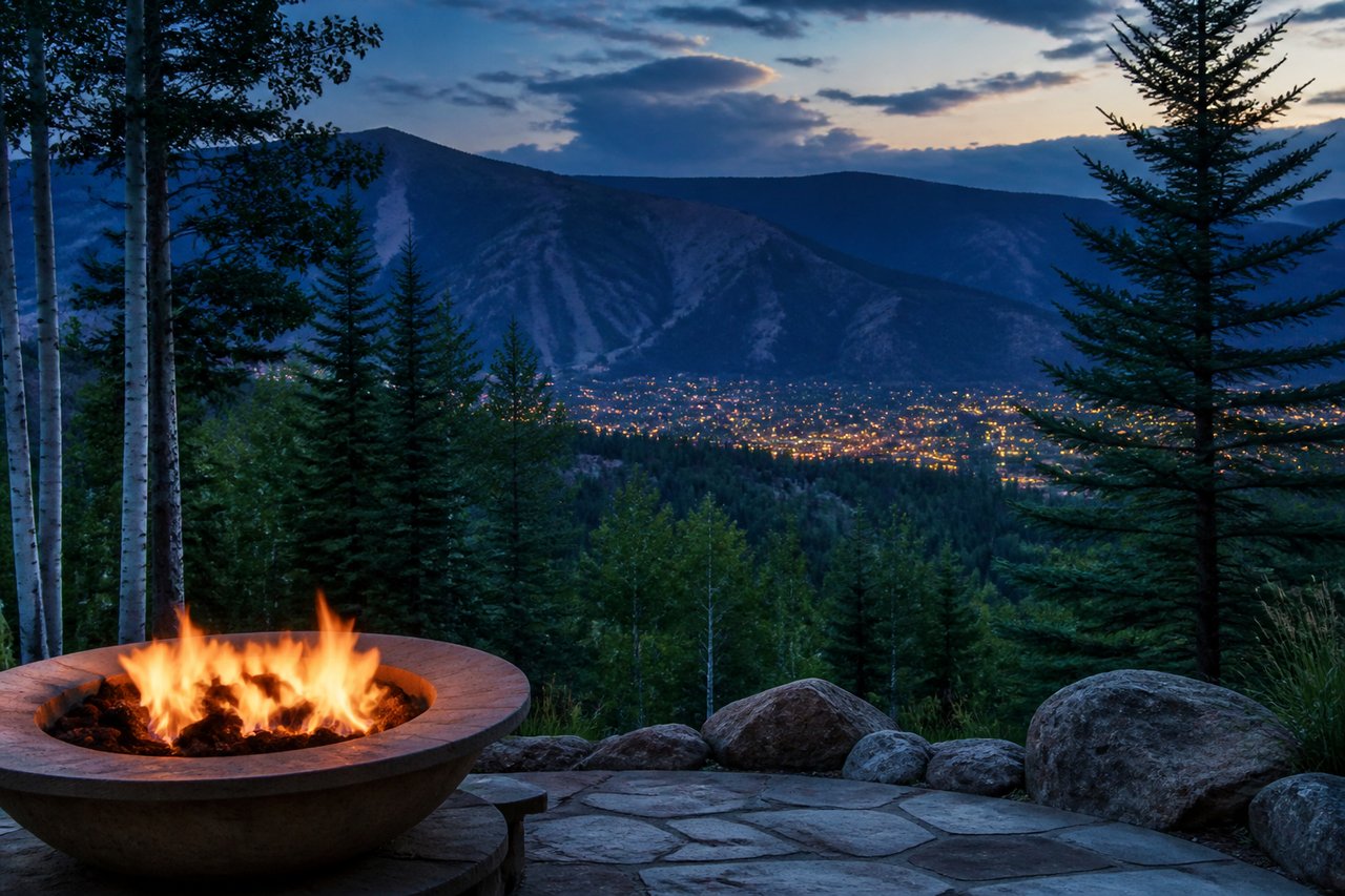 Stone patio fire pit overlooking Aspen’s glowing valley and forested mountains at dusk.