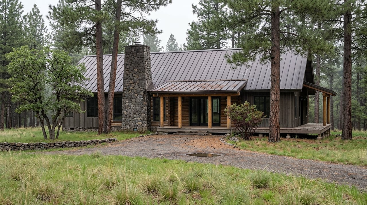 Log-and-timber mountain home beyond a grassy meadow, framed by tall pines with a stone chimney and curved gravel drive.