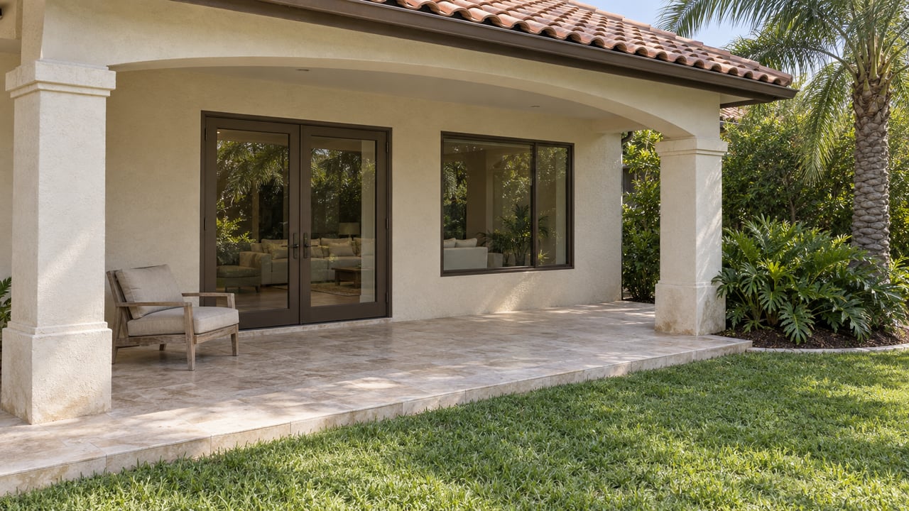 Covered stucco lanai with terracotta roof tiles, bronze-framed glass doors, limestone paving and a teak chair beside a lawn and specimen palm.
