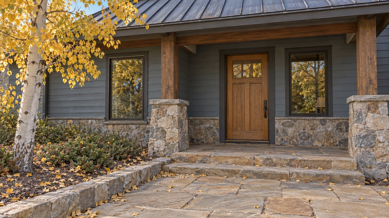 Blue-gray house entry with a honey-brown door, stone approach, and golden aspen beside the porch.