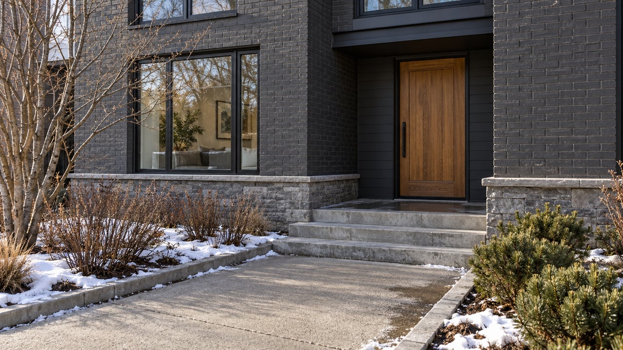 Winter sunlight across a charcoal brick home's wooden entry, stone steps and snow-edged concrete approach.