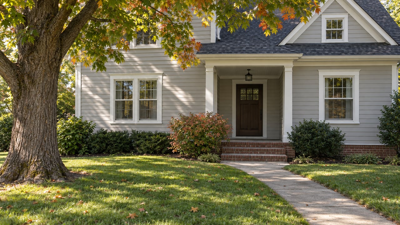 Two-story clapboard house behind a broad lawn, with a mature oak beside the diagonal walkway to brick-edged steps.