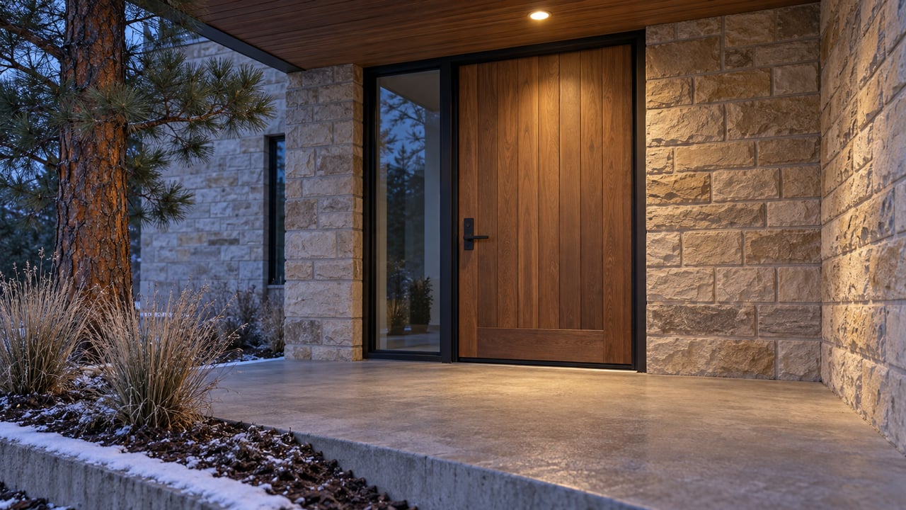 Wood front door and sandstone entry beneath a softly lit covered porch, with snow along the outer planting bed.