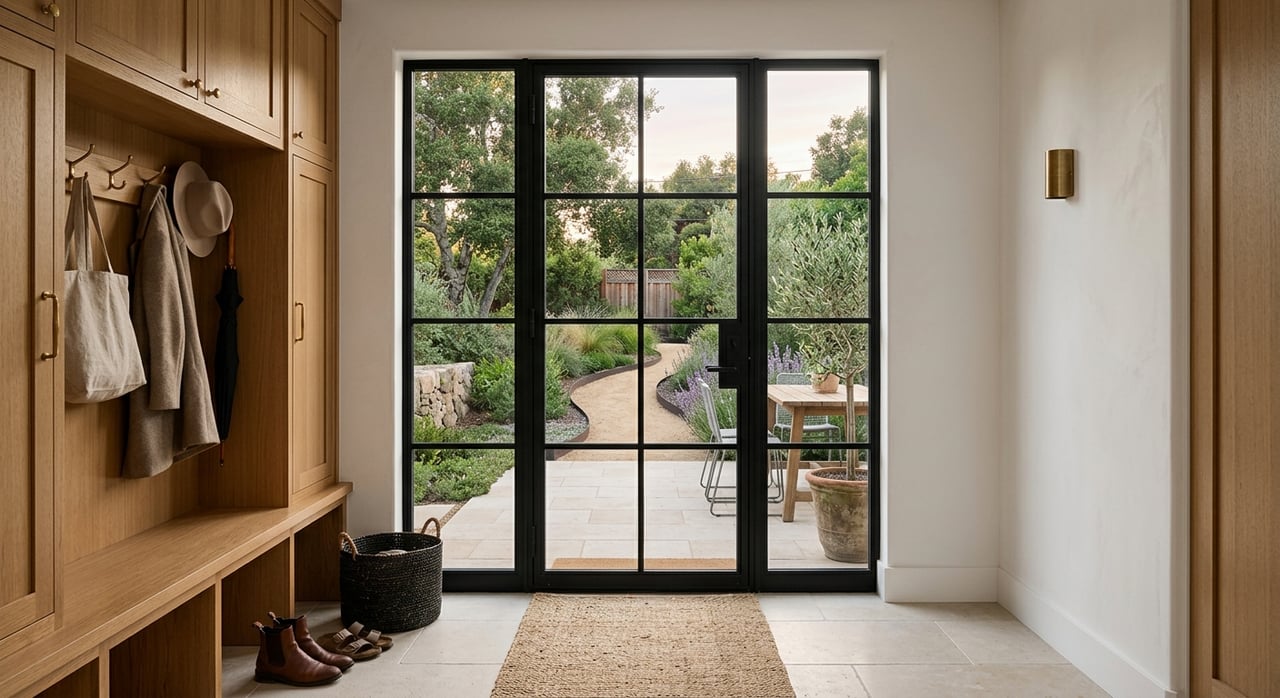 Black steel-framed glass door opens onto a limestone patio, beside a built-in oak bench and white cubbies.