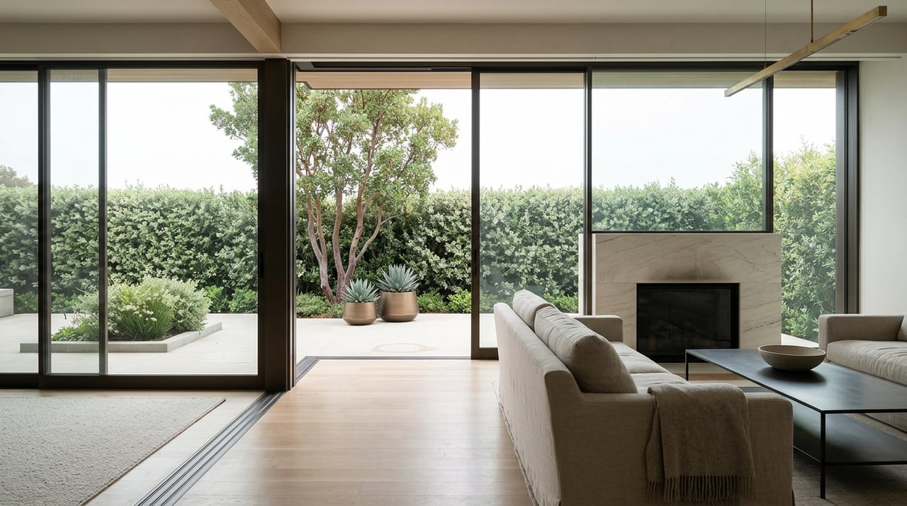 Great room with linen sofa and quartzite fireplace, opening onto a limestone terrace and clipped hedge.