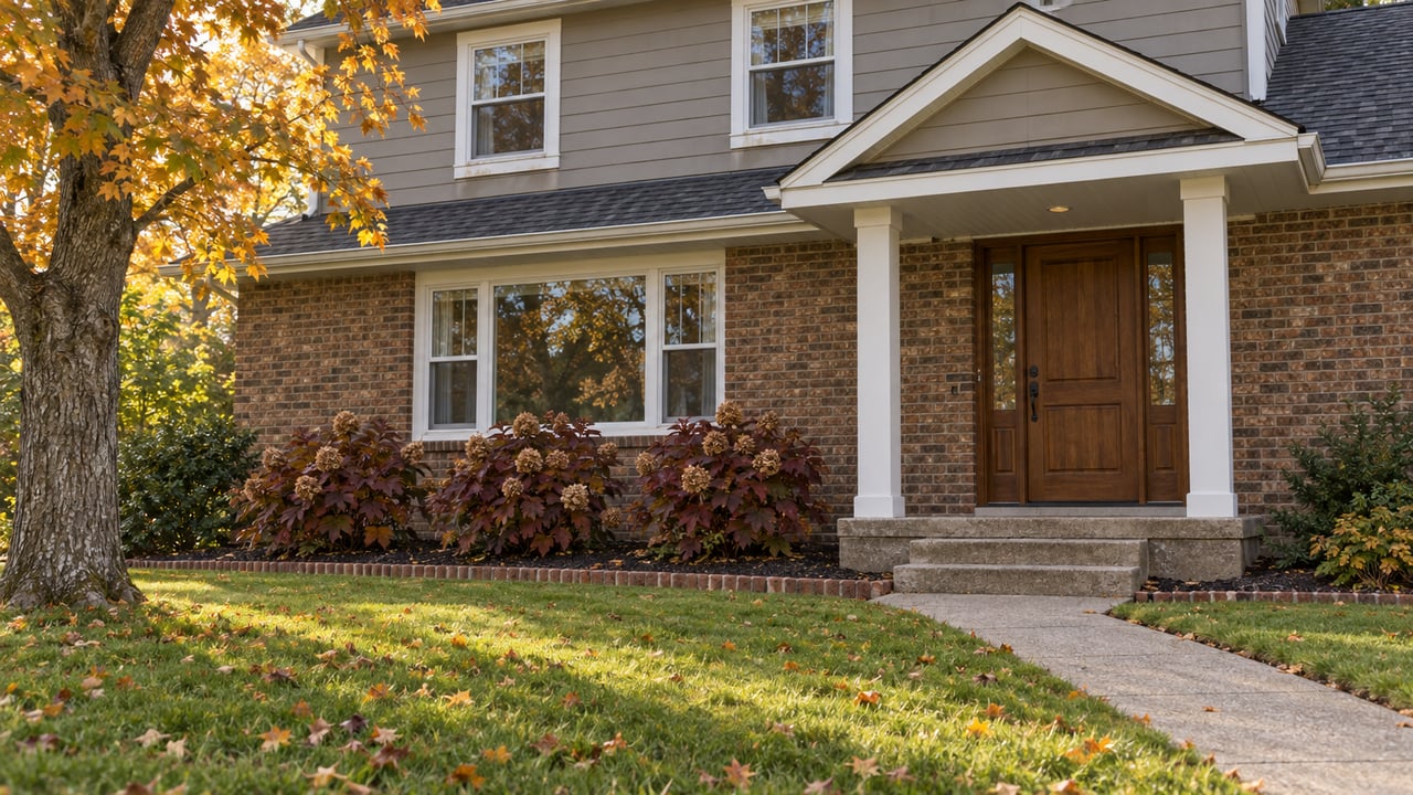 Autumn light on a two-story brick and taupe-sided home, with a deep lawn, amber maple and a concrete entry walk.