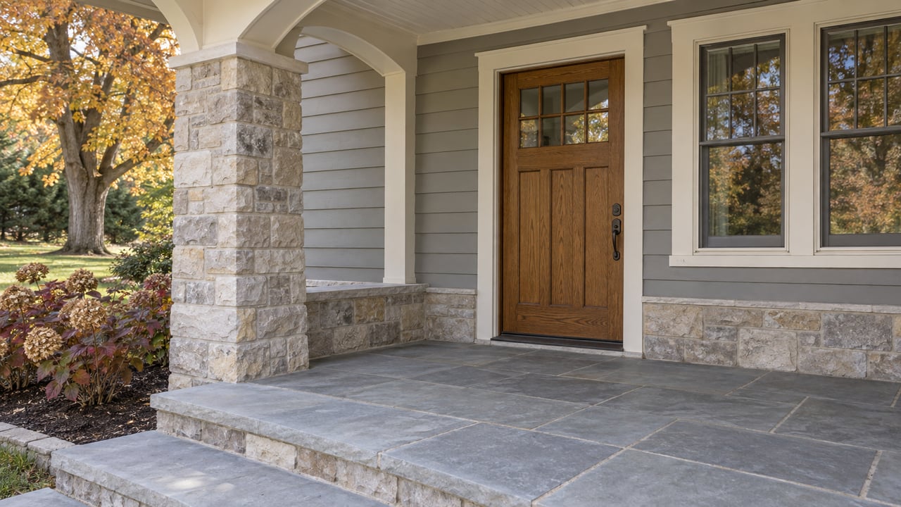 Stone-gray lap siding, an oak front door and limestone porch arch beside autumn hydrangeas and a mature maple.