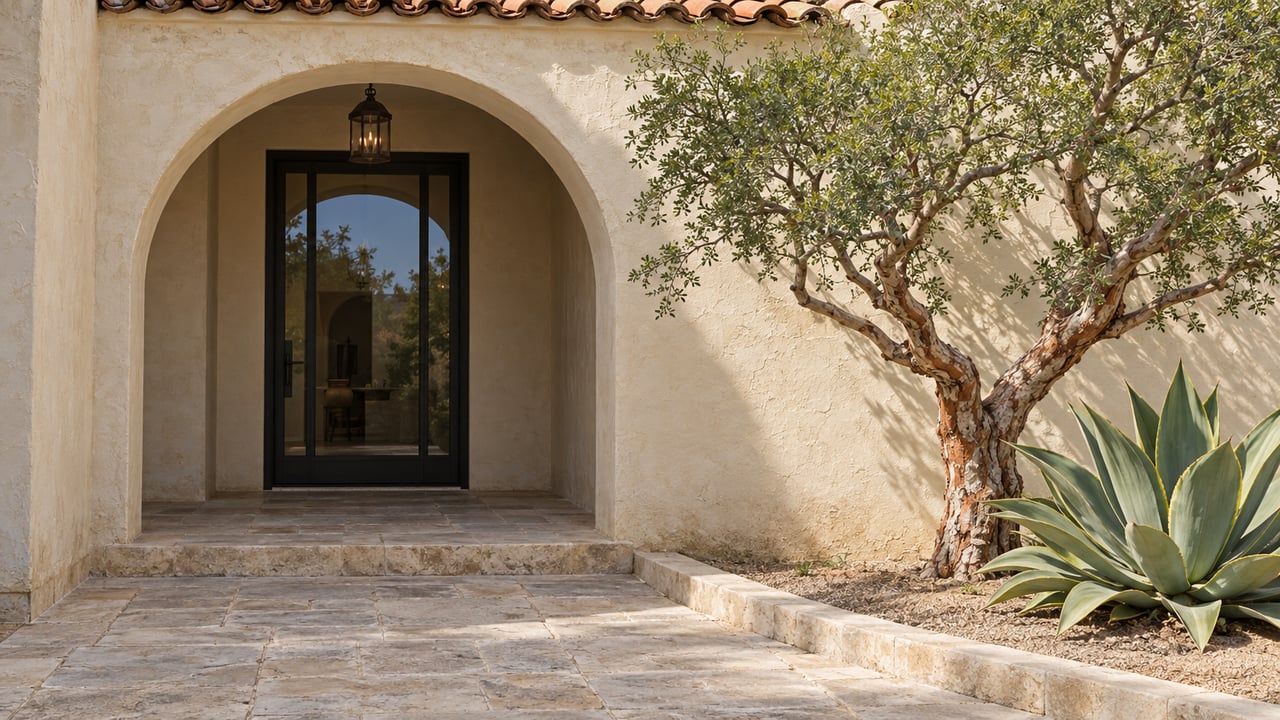 Sunlit ivory stucco entry with a rounded arch, dark glazed door, worn limestone paving and a sculptural elephant tree beside a golden agave.