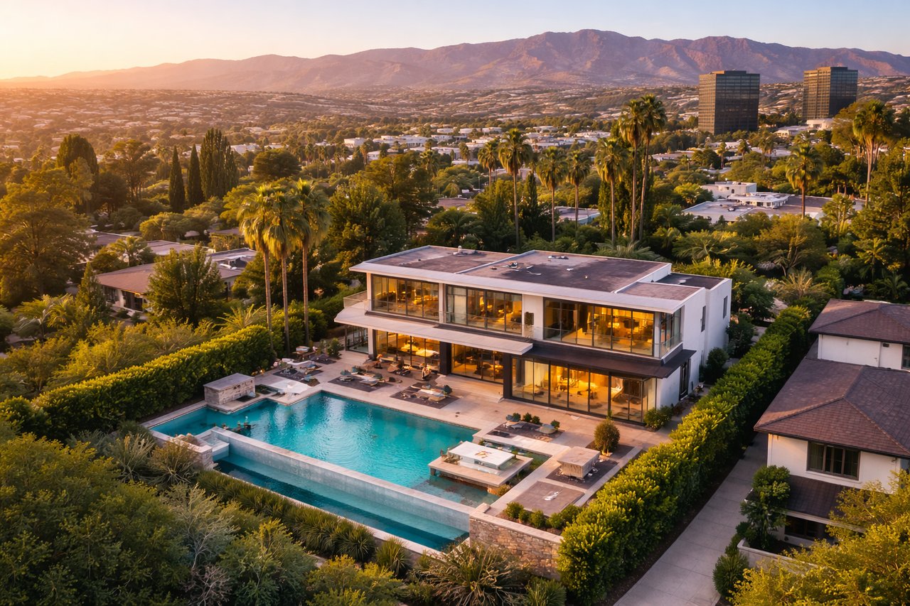 Aerial sunset view of a modern luxury mansion in Encino, California