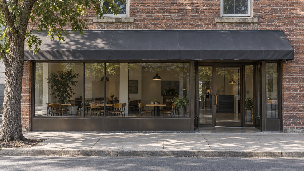 Narrow brick storefront with a charcoal awning, glass entrance, upper windows, and a mature tree at left.