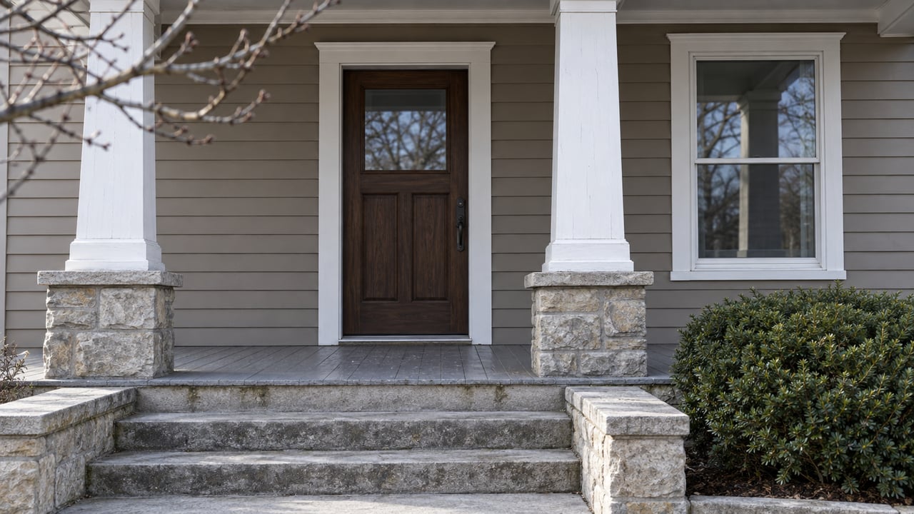 Taupe wood-sided home entrance with white porch columns, an oak door, limestone steps and a clipped evergreen shrub in soft winter daylight.