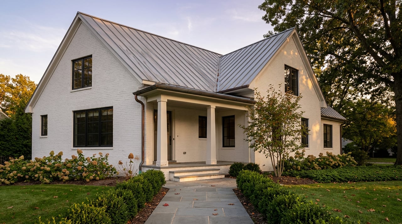 White brick two-story home with a metal gable roof, bluestone path, clipped hedges, and oak canopy at dusk.
