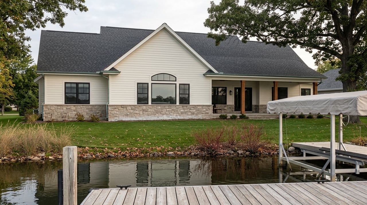 Lakefront home with a stone base, white lap siding, and arched window beyond a dock and level lawn.