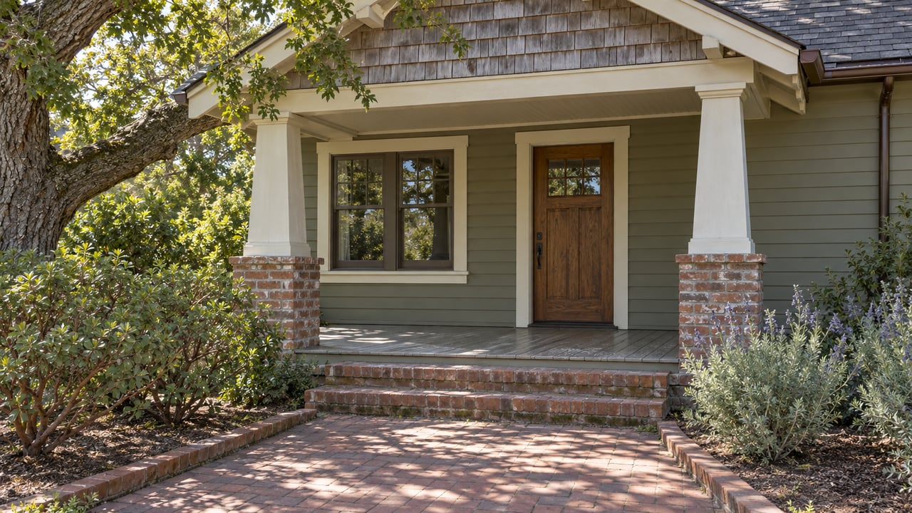 An olive-painted heritage house with a shaded timber porch, brick steps and a compact garden of oak, sage and manzanita.