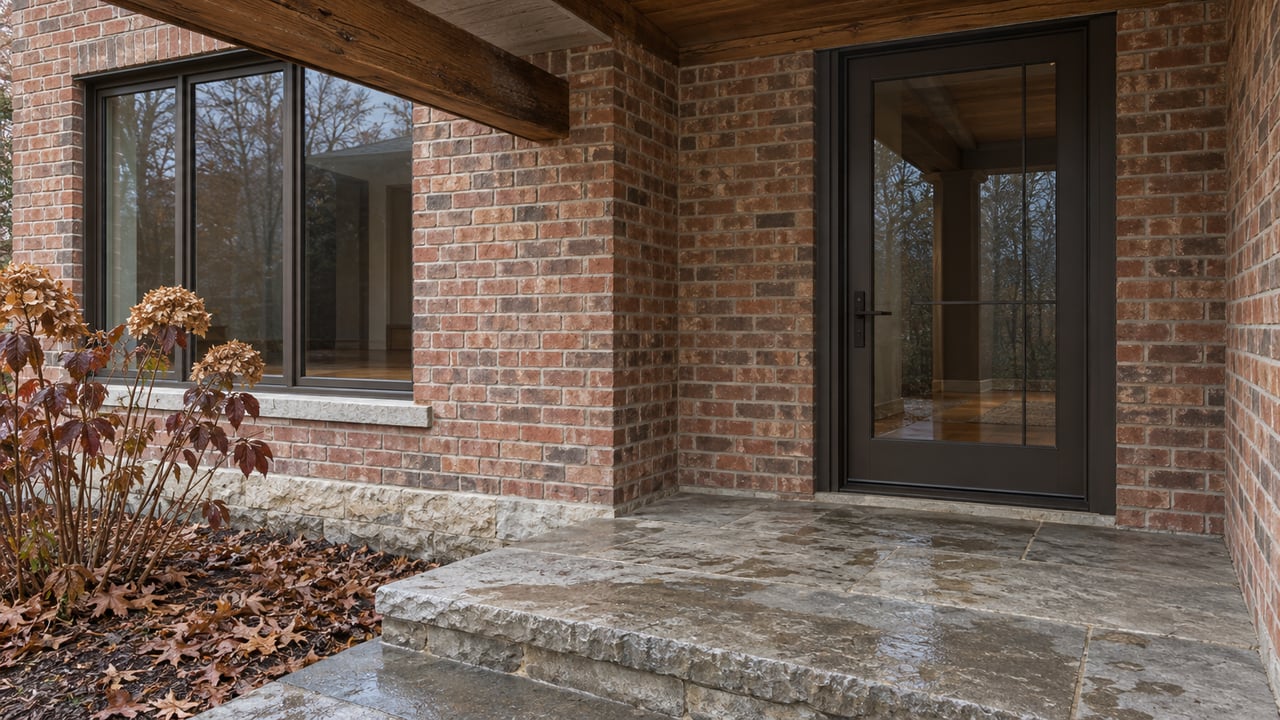 Rain-darkened limestone steps lead to a sheltered brick entry with an oak beam, bronze-framed glass door, and dormant oakleaf hydrangea.