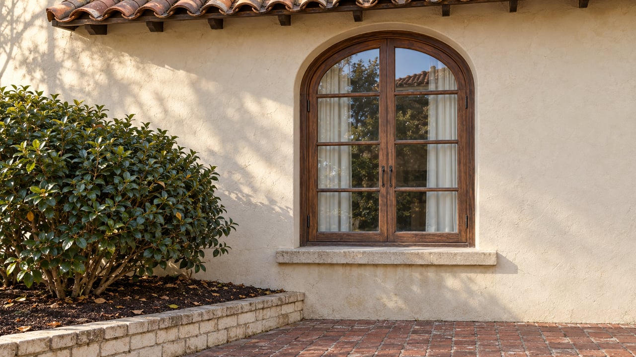 Arched timber window in textured ivory stucco beneath weathered clay roof tiles, with a camellia beside a brick garden approach.