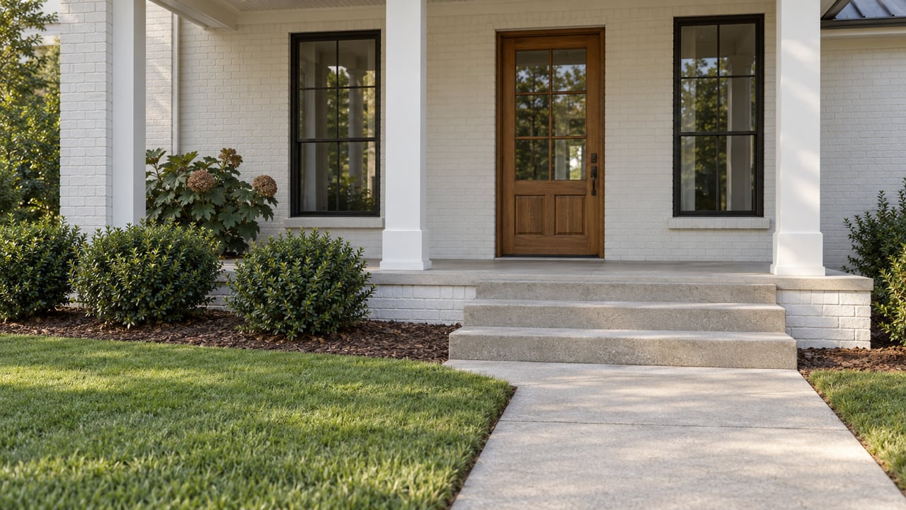 White-painted brick home entrance with a timber door, divided-light windows and concrete porch steps beside a green lawn and foundation planting.