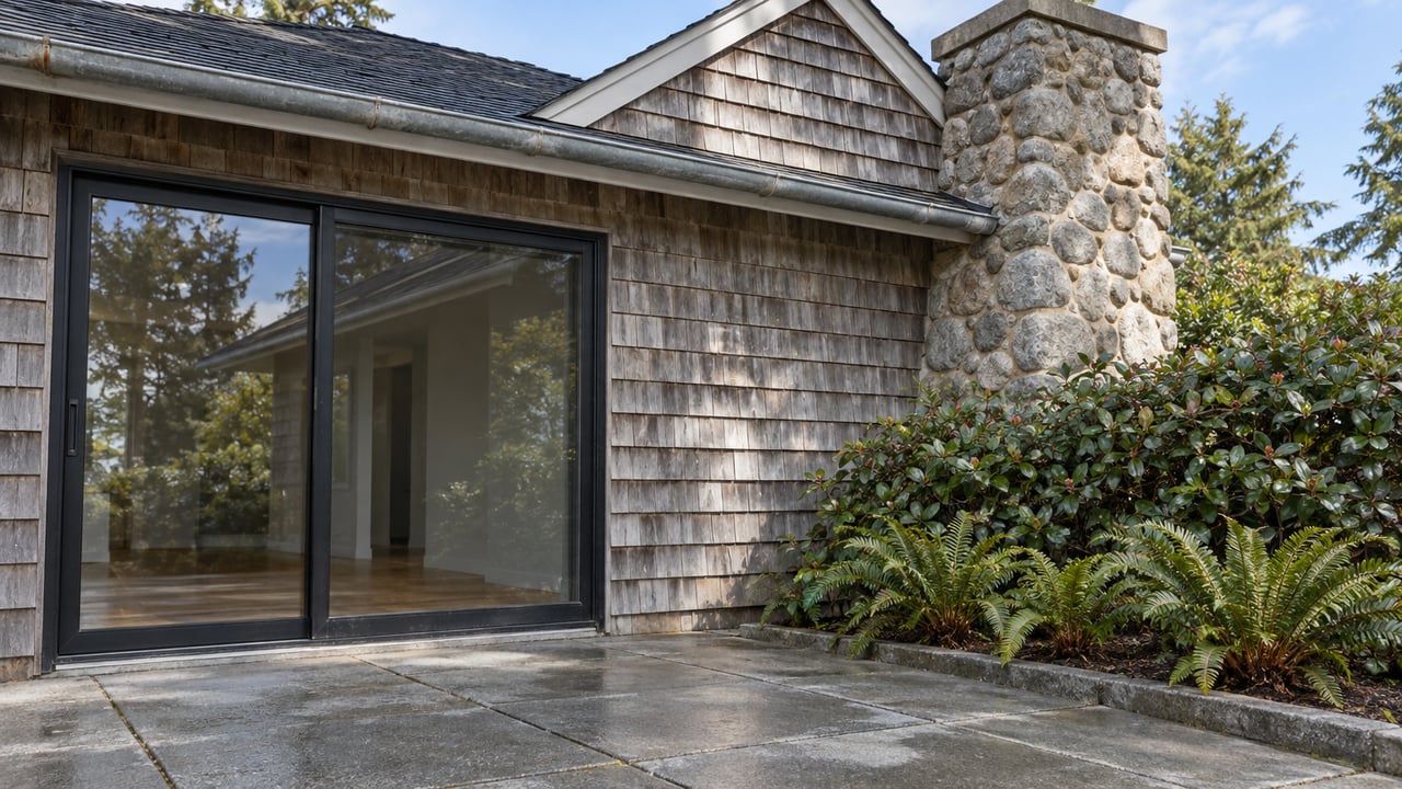 Weathered cedar shingles, a river-stone chimney and closed glass doors above a rain-darkened terrace edged with salal and sword ferns.