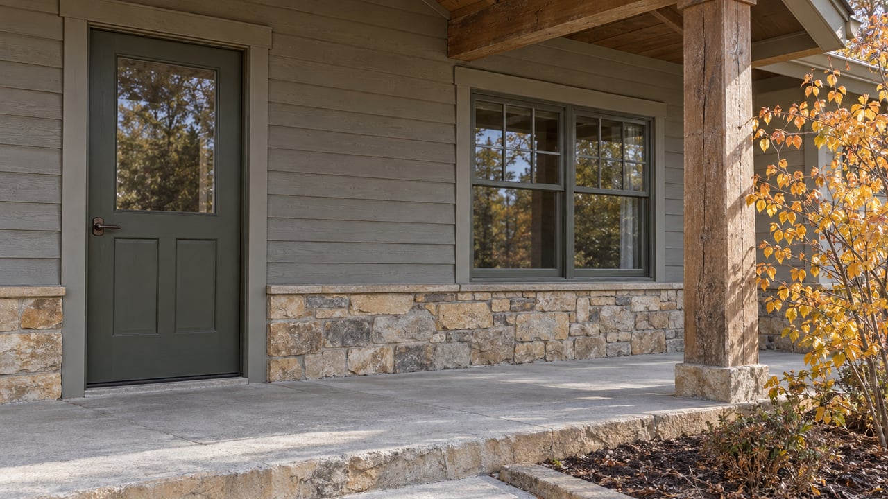 Weathered gray siding, a dark olive front door and a wood-framed window beneath a timber porch roof, with stonework and an autumn serviceberry beside the concrete porch.