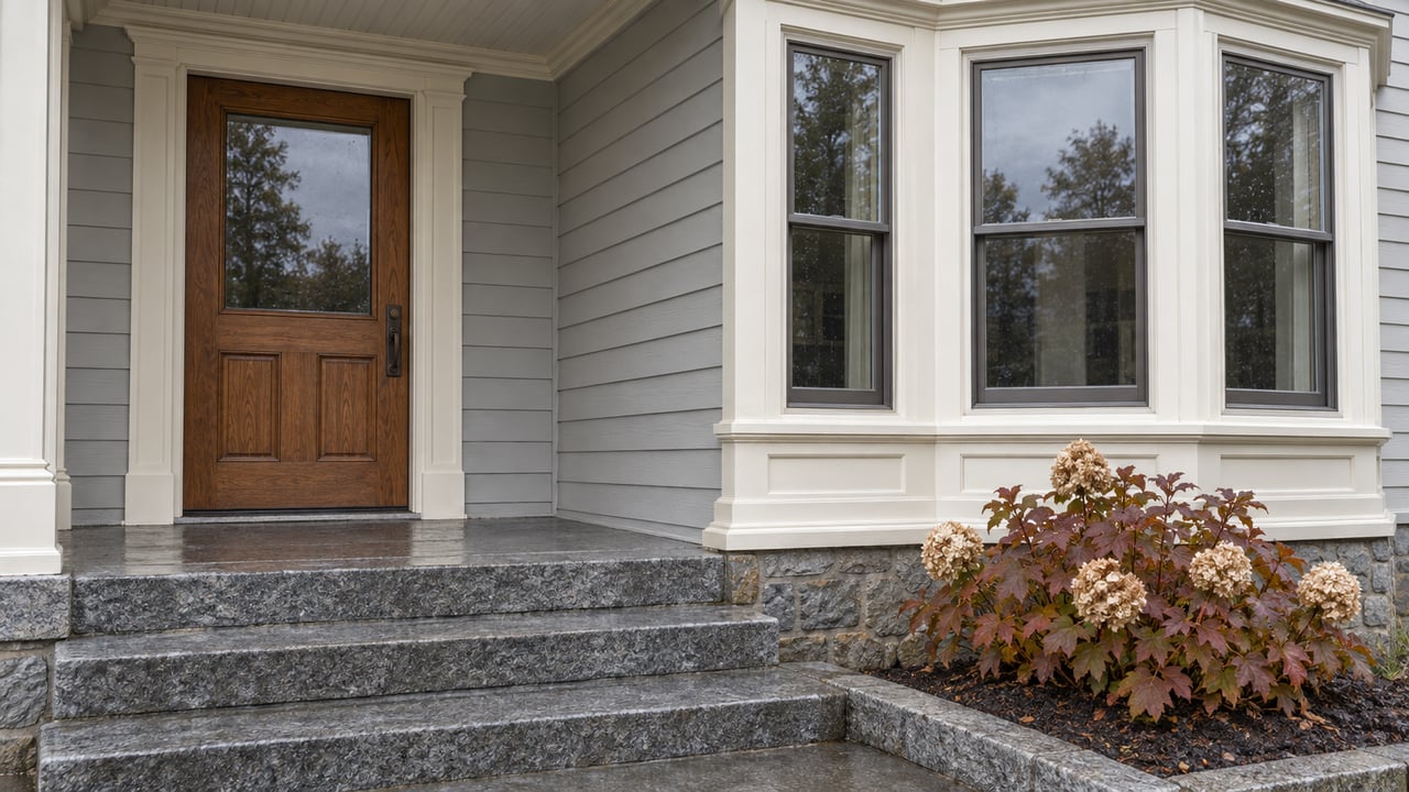 Rain-darkened granite steps beside an oak entry door and cream-trimmed bay window on a gray clapboard home, with russet oakleaf hydrangea foliage.