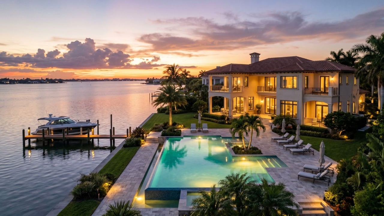 A wide view of a luxury Sarasota waterfront mansion featuring a pool and private dock at golden hour.