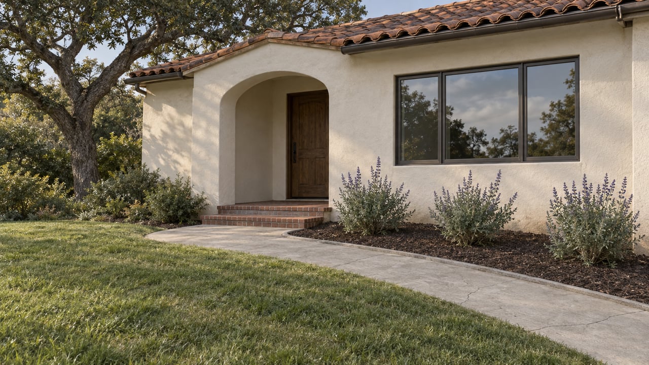 An ivory stucco home with a clay-tile roof, recessed arched entry and deep sloping front lawn beside a mature oak.