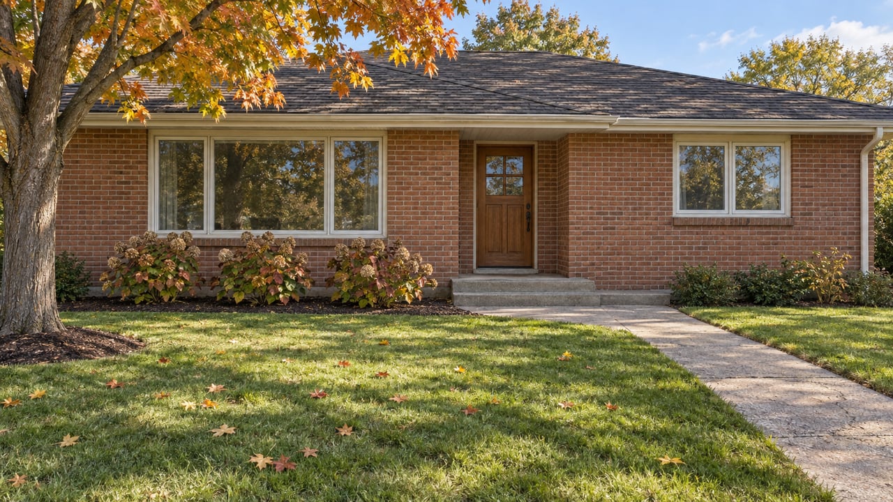 Brick single-story home with a deep autumn lawn, warm wood entry and an amber-leaved maple.