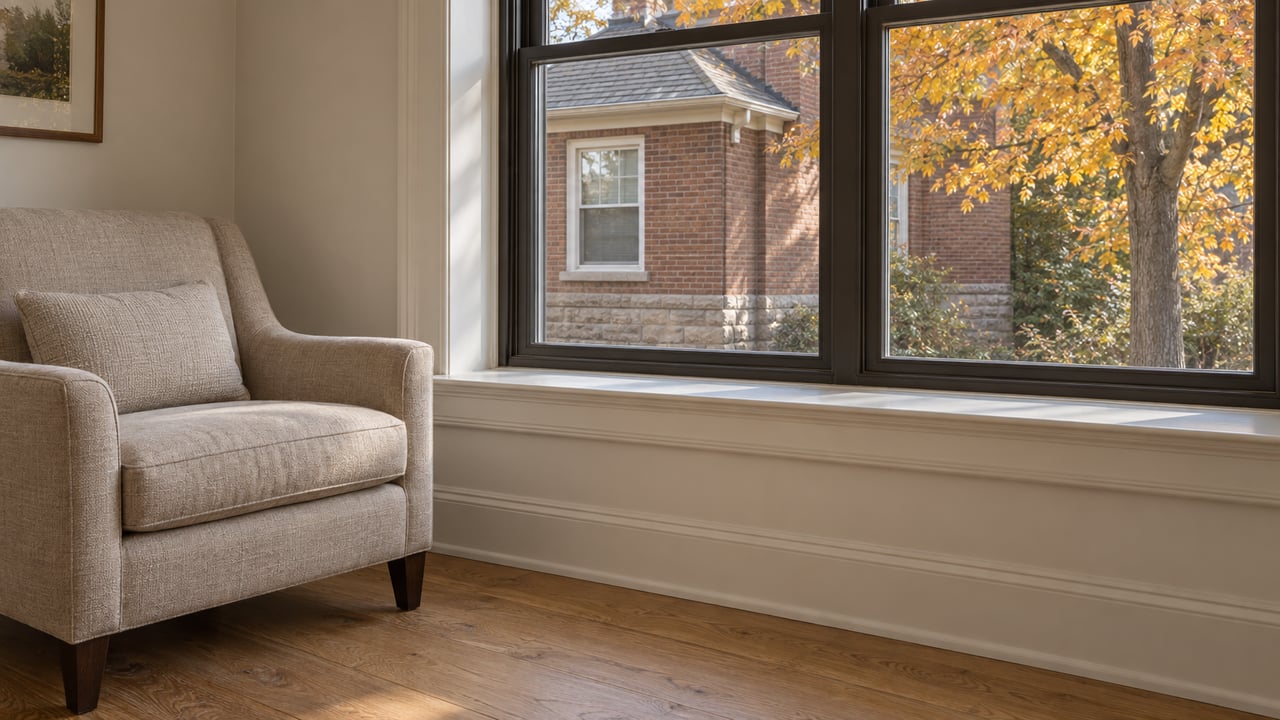 Morning light across an oak-floored sitting room with a linen armchair and a deep window overlooking brick architecture and autumn maple leaves.