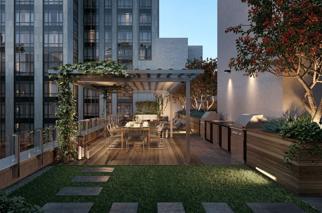Rooftop terrace with pergola, dining table, lounge seating, and outdoor grill.