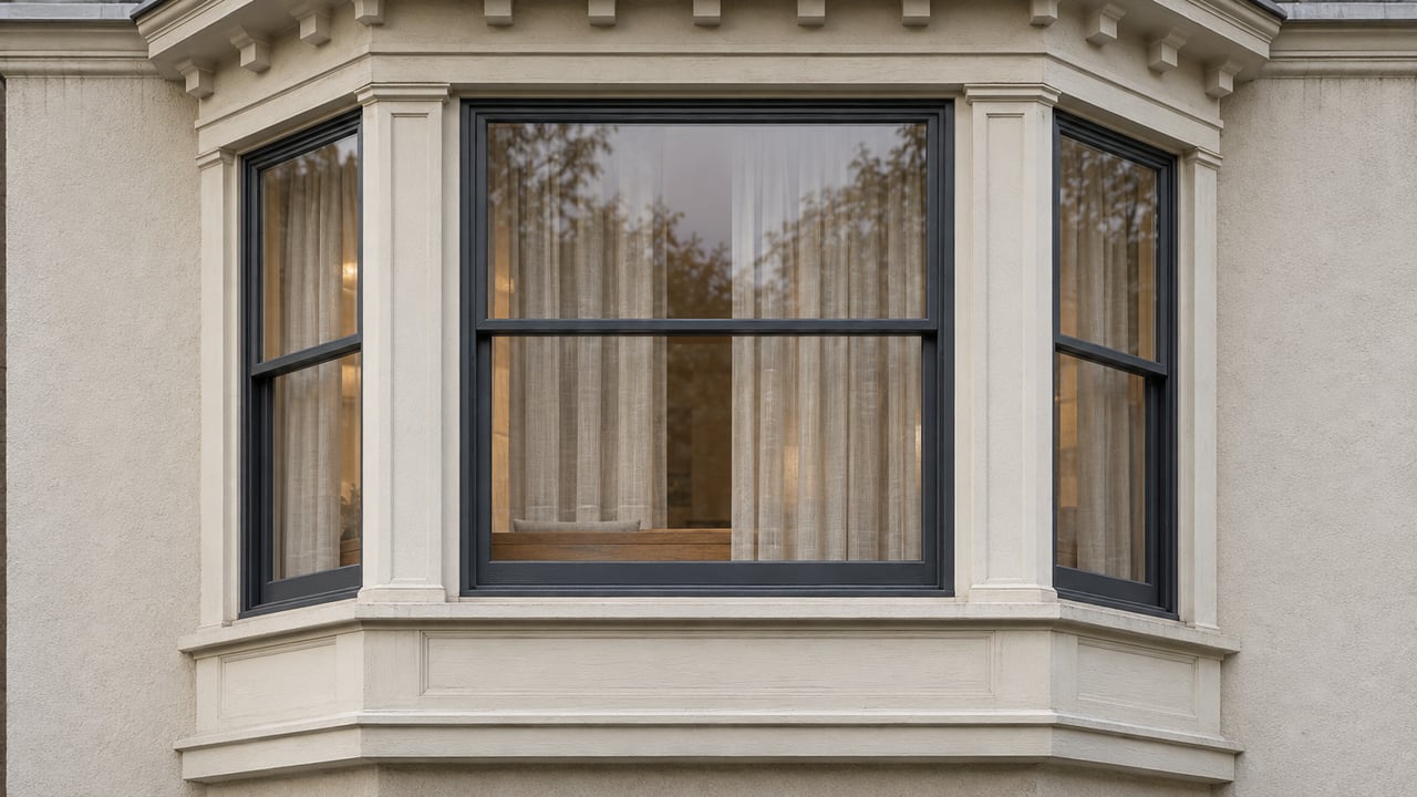 An ivory timber bay window with charcoal sash frames projects from a softly weathered cream stucco residential facade.