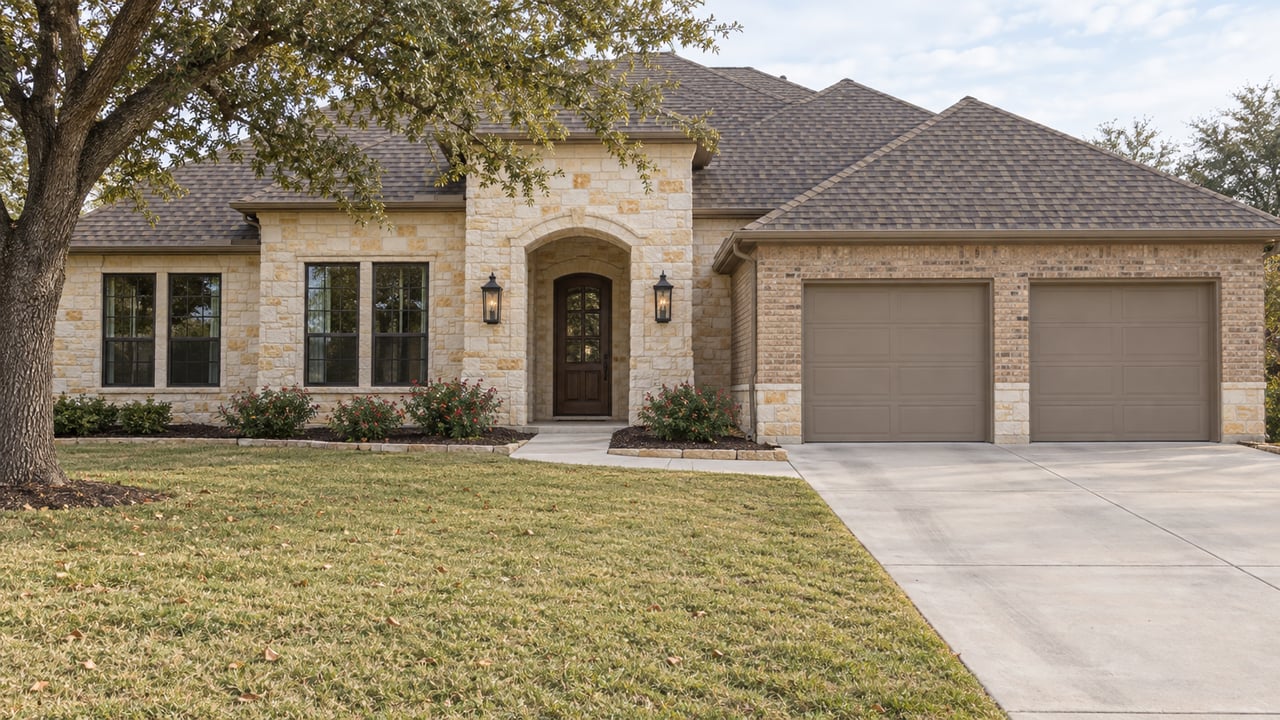 Pale limestone and tan brick home with an arched entry, closed garage doors, and a deep early-winter lawn beneath a spreading oak.