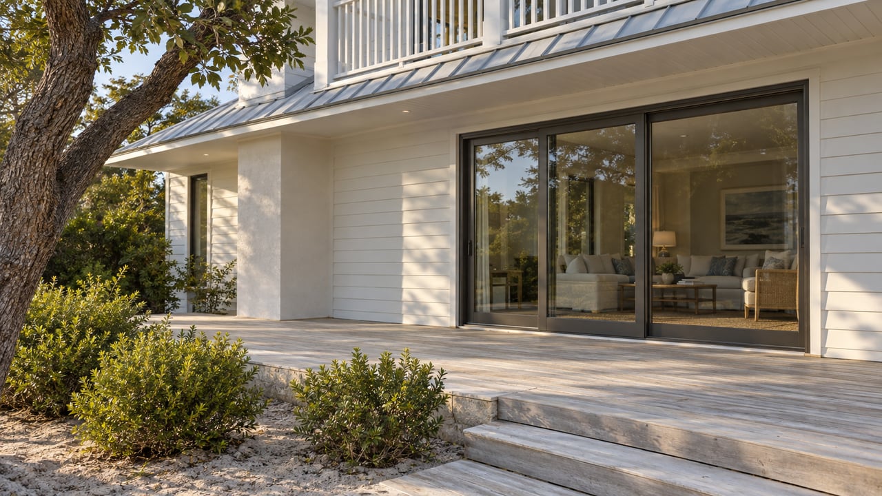 Coastal house with glazed sliding doors, raised hardwood deck, balcony, and shrubs in a sandy garden.
