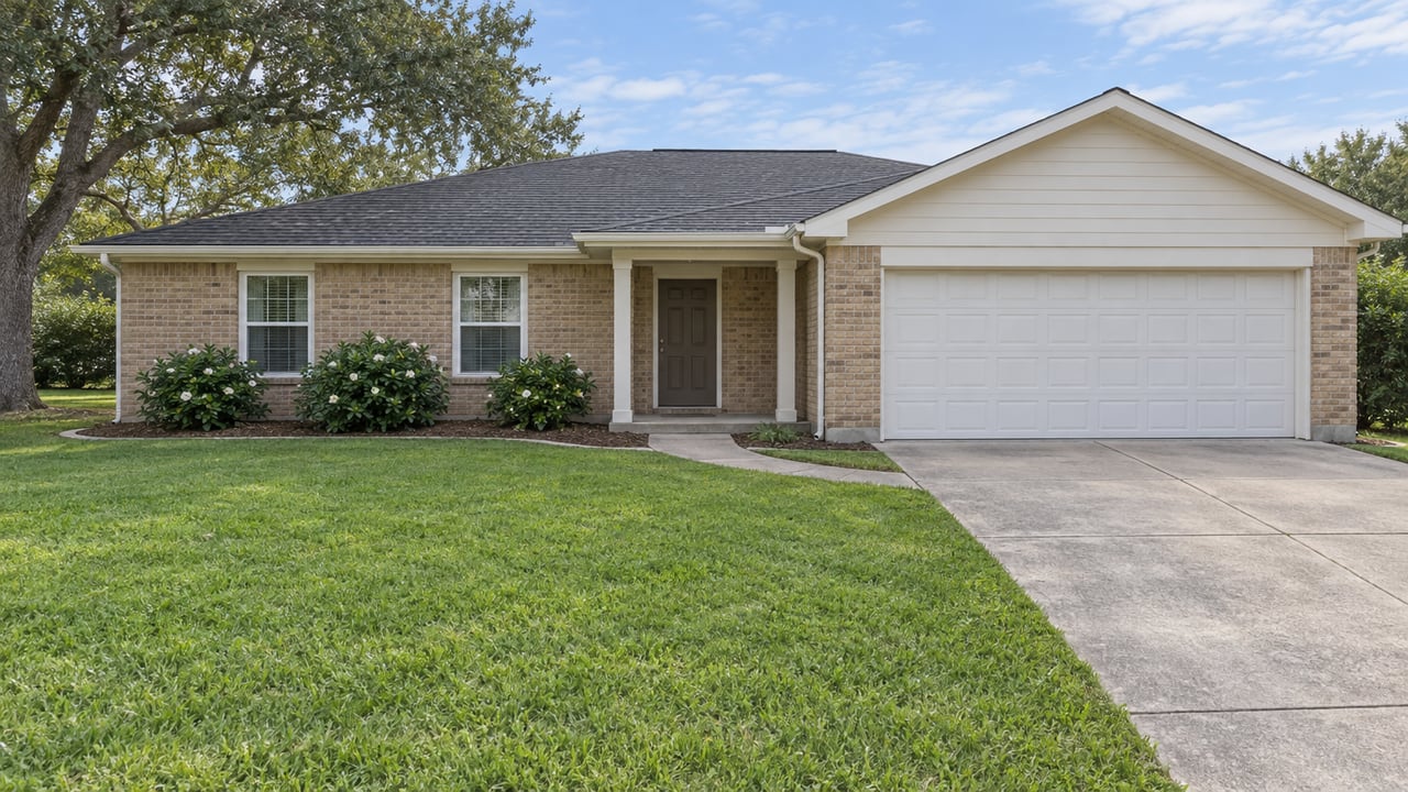Tan brick ranch with charcoal shingle roof, white two-car garage, broad green lawn and a concrete approach beneath soft daylight.