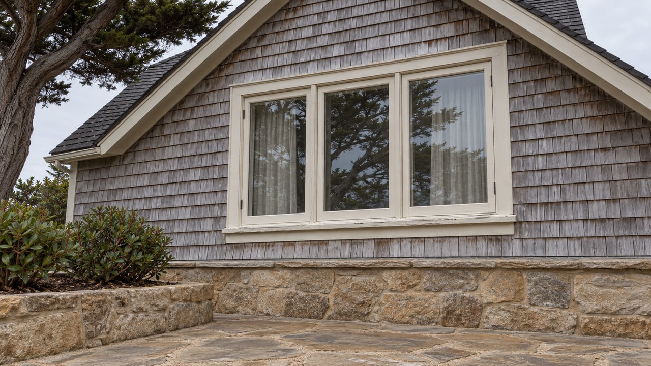 Weathered cedar shingles and an ivory three-part window above a sandstone terrace, framed by sculptural cypress branches.
