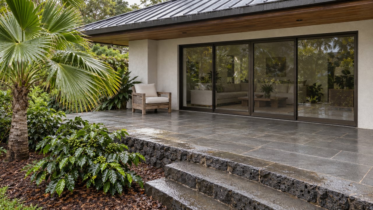 Modern home patio with broad stone paving, sliding glass doors and tropical palms.