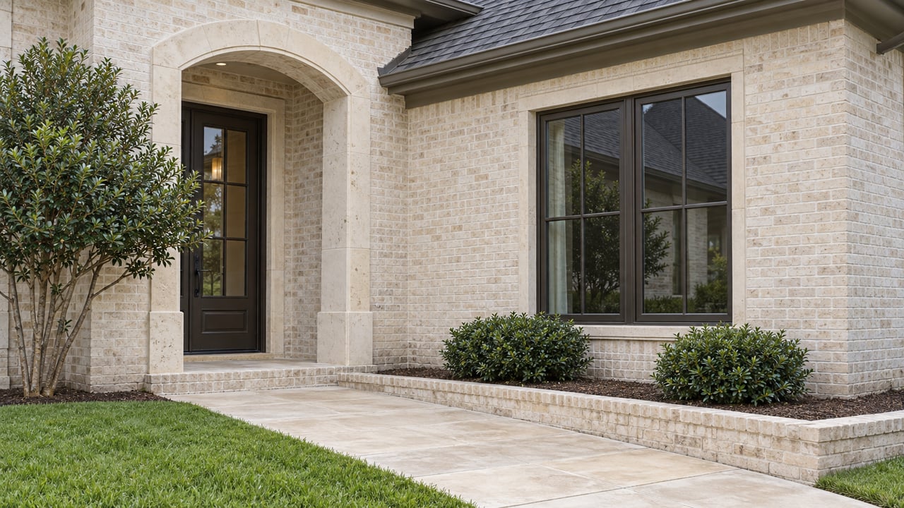Cream-brick home with an arched limestone entry, closed bronze door, tall paired window, and clipped planting.