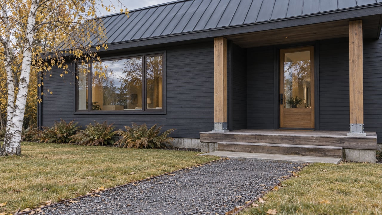 Charcoal timber house with a steep metal roof, weathered covered porch, and gravel approach across an autumn lawn.