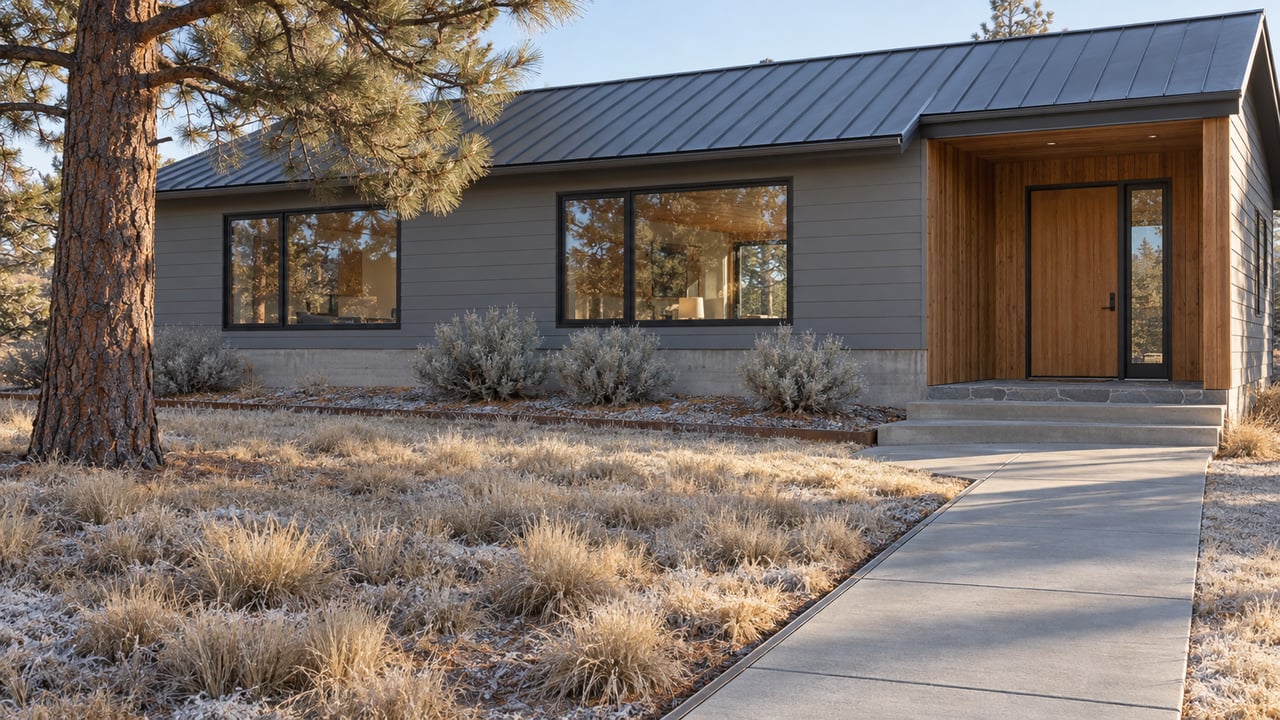 Contemporary single-story home with warm timber entry, dark metal roof, dormant front lawn and a mature pine in crisp morning light.