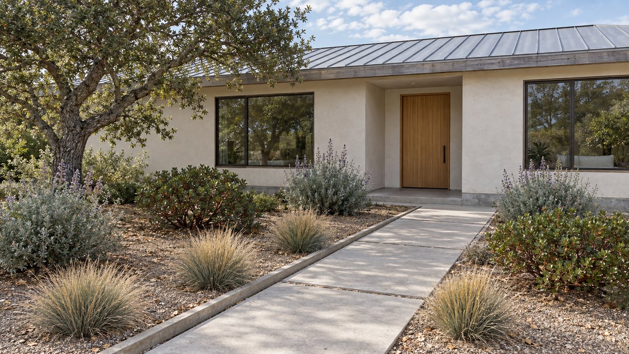 A single-story ivory stucco home with broad windows, a concrete front walk, a mature oak, and spaced drought-adapted garden plants.