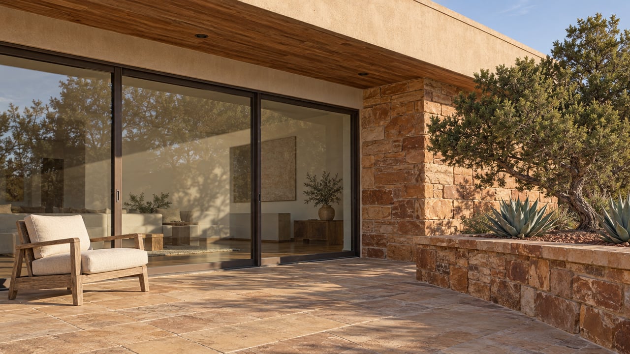 Warm stucco and red sandstone home opening onto a buff stone terrace with a wood lounge chair, sculptural juniper and two agaves.