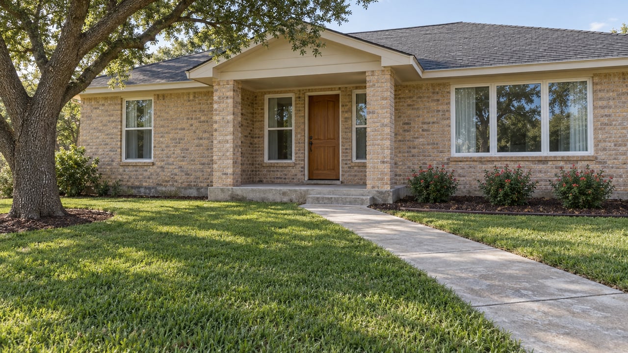 Updated single-story buff-brick home with a recessed porch, wood front door, deep lawn and mature live oak.