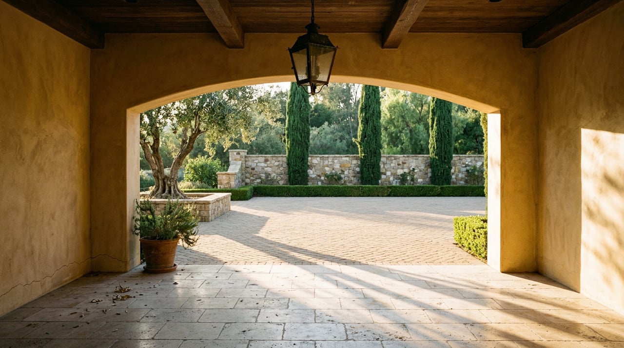 Stone loggia with an arched opening onto a cypress-lined motor court, an olive tree beside the arch.