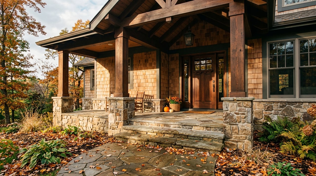 Craftsman porch with a solid oak door, fieldstone piers, flagstone path, and fallen maple leaves.