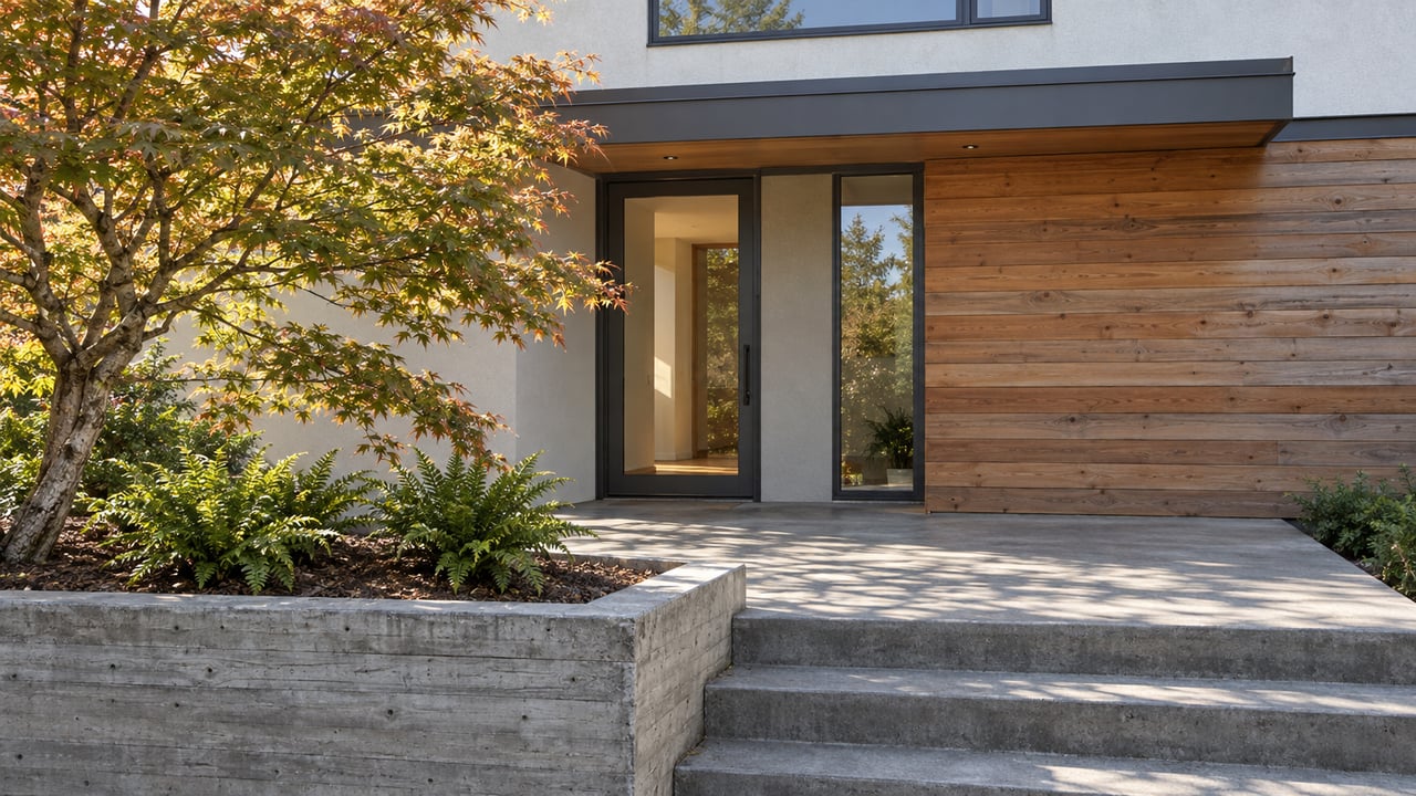 An updated home's cedar-clad entry beside a concrete terrace, with a Japanese maple and sword ferns in a raised planting bed.