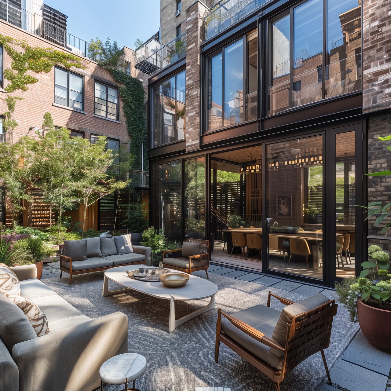 Modern brick-and-glass residence surrounding a landscaped courtyard with outdoor lounge seating and dining furniture.