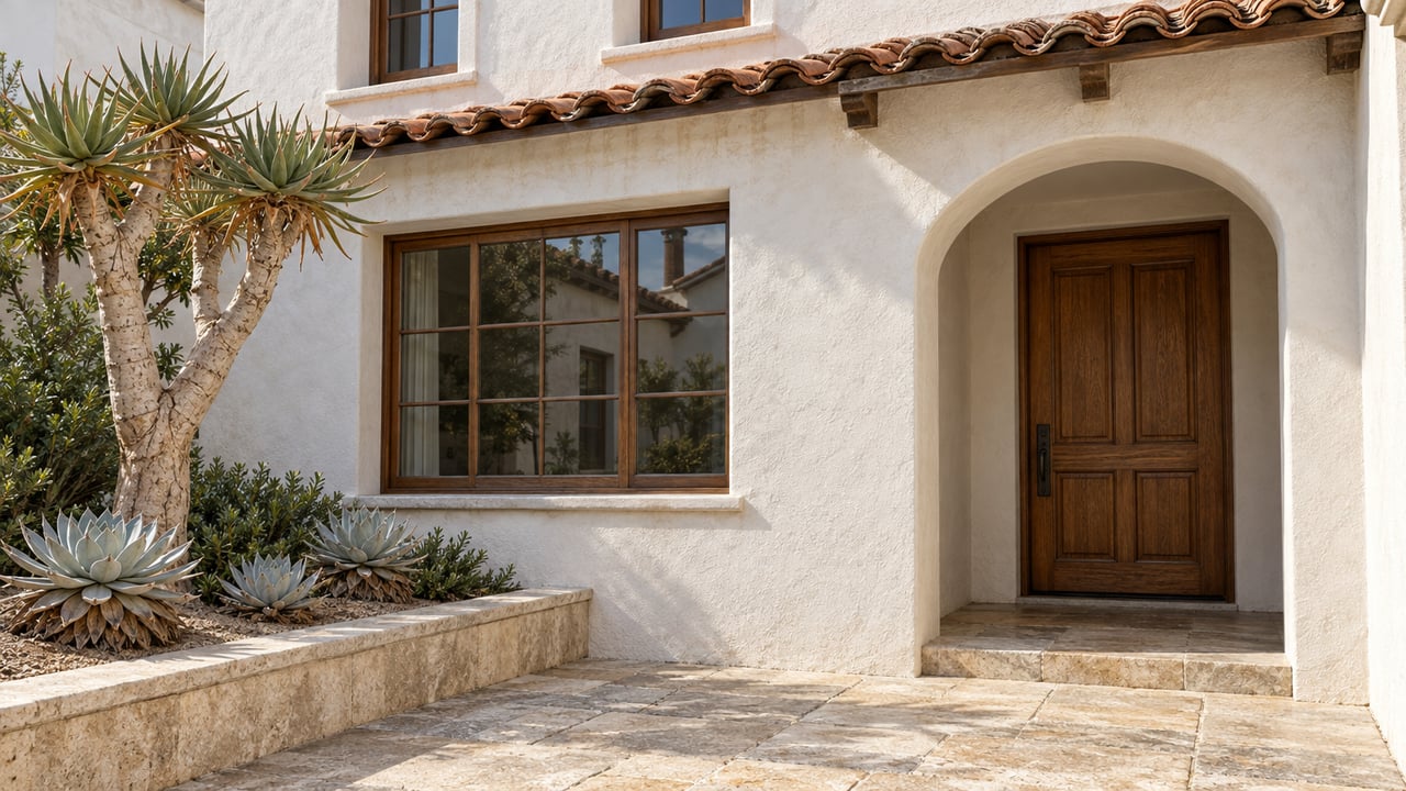 White stucco home with a recessed arched oak entrance, clay tile eaves and limestone approach beside sculptural succulents.