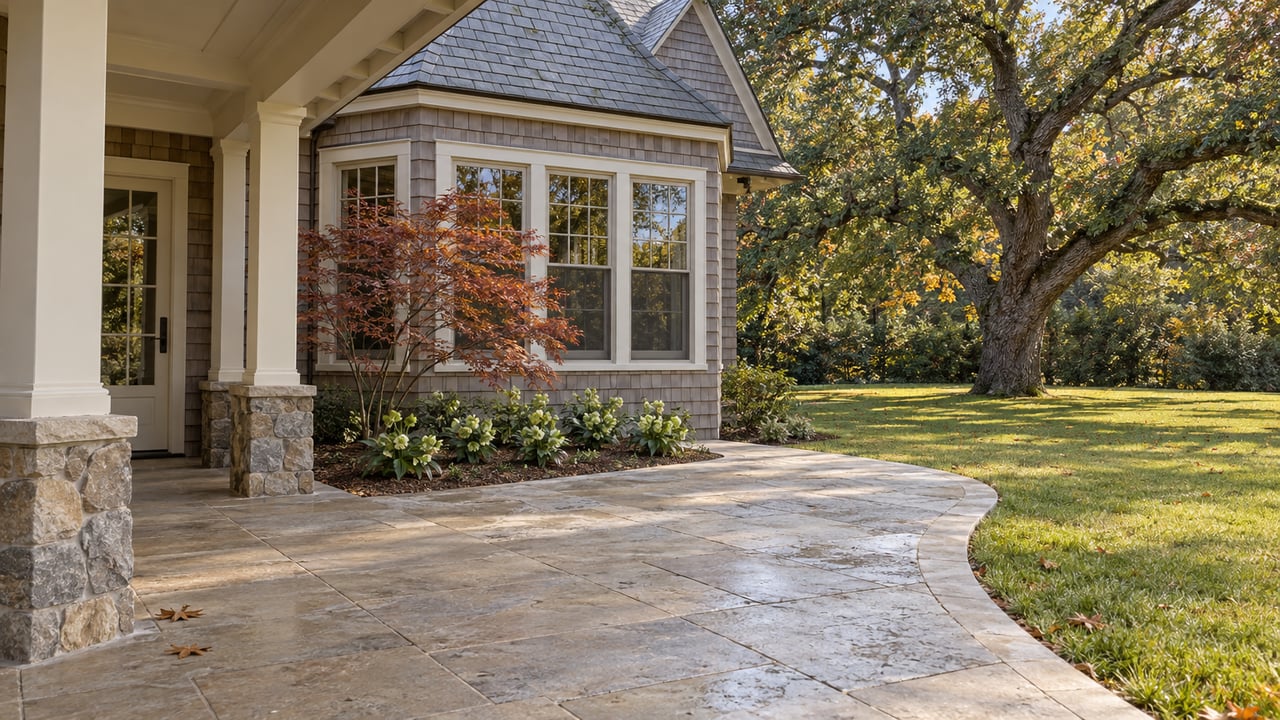 Garden-facing shingled home with divided-light windows, a limestone terrace, mature oak and copper-red maple.