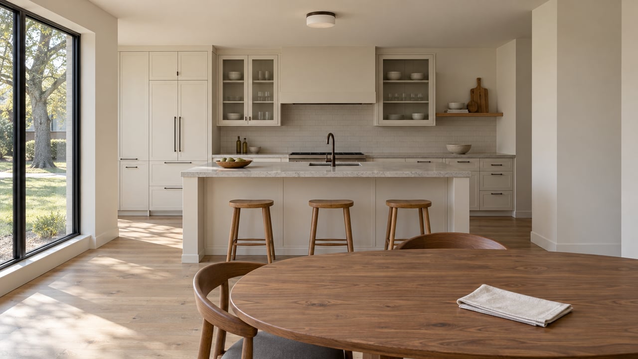 Kitchen-dining room with a pale stone island, three oak stools, and a closed black-framed window.